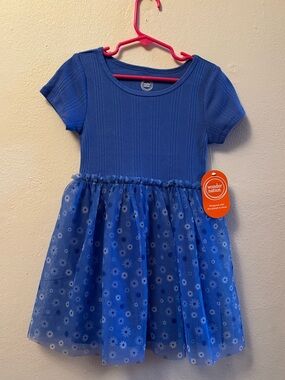 NWT- Wonder Nation Blue Tutu Dress with a ribbed top and floral tulle skirt, 4/5